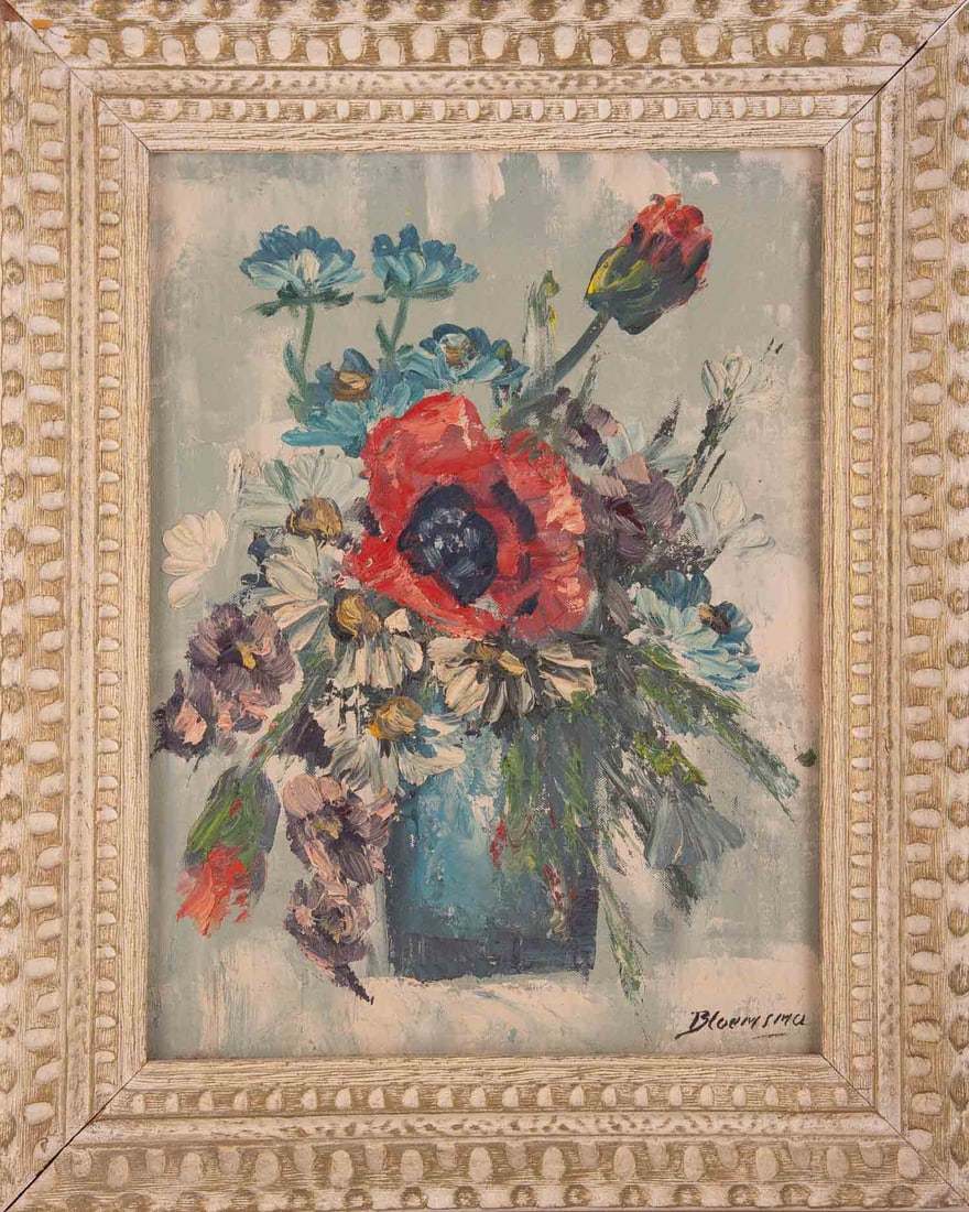 Vintage European Export Original Oil "Flowers In Vase": Title: Flowers In Vase Medium: Oil on canvas Style: Impressionist Size: 16" x 12" Frame Size: 20" x 16" Age: 1950s Condition: Good overall condition for its age, Signature: lower right/y=unclear Great
