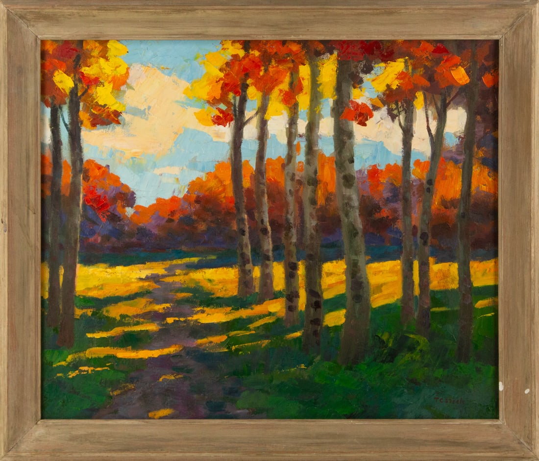 Theodore Clement Steele ( American, 1847 - 1926 ) Landscape Oil On Canvas: Medium: Oil On Canvas Style: Landscape Painting Size: 20 x 24 inches Frame Size: 23 x 27 inches Condition: This artwork is in great condition for its age. Signature: Hand-signed Artist: Theodore Cleme