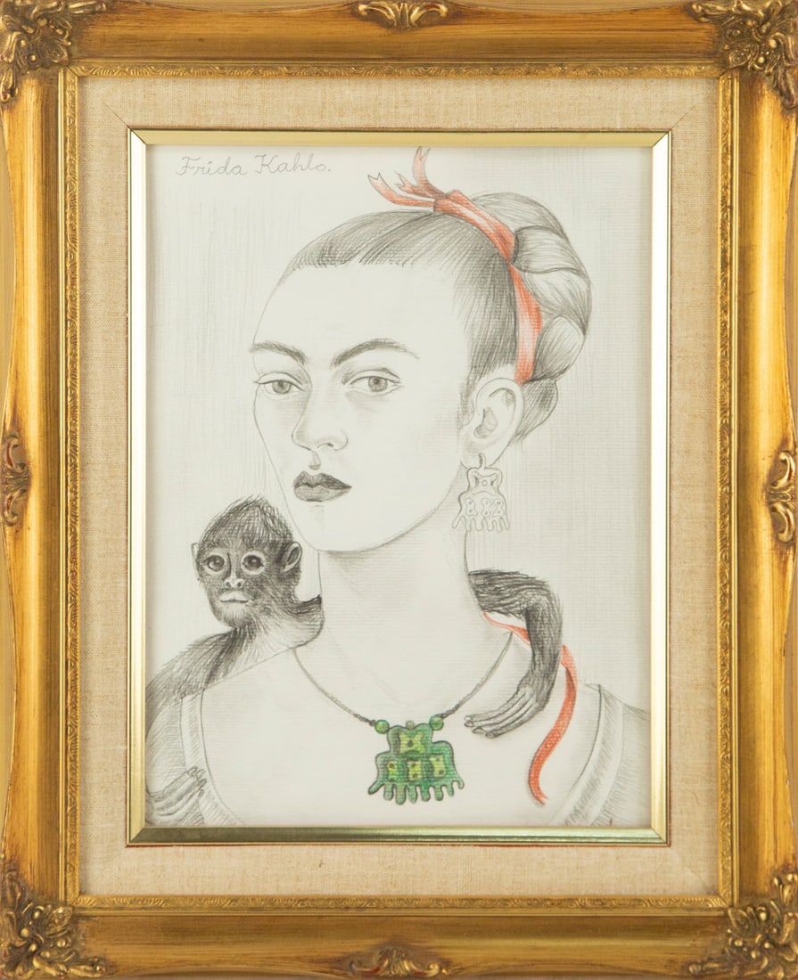Frida Kahlo ( Mexican, 1907 - 1954 ) "" Colored Pencil Portrait: Title: Medium: Colored Pencil Painting Size: 11.5 x 8.5 inches Frame Size: 16.5 x 13.5 inches Condition: This artwork is in good condition for its age. Signature: Signed Artist: Frida Kahlo ( Mexican,