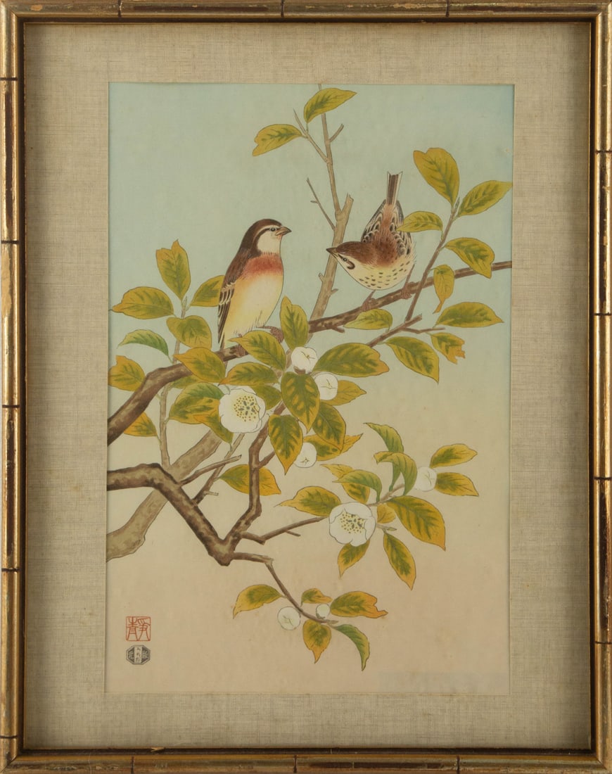 Shizuo Ashikaga ( Japanese, 1917 - 1991 ) Ukiyo e Woodblock Print "Birds and Tea Plant": Title: Birds and Tea Plant Medium: Woodblock Print Painting Size: 15" x 10" Frame Size: 19" x 15" Condition: This artwork is in good overall condition for its age. Signature: Artist Seal Artist: Shizu