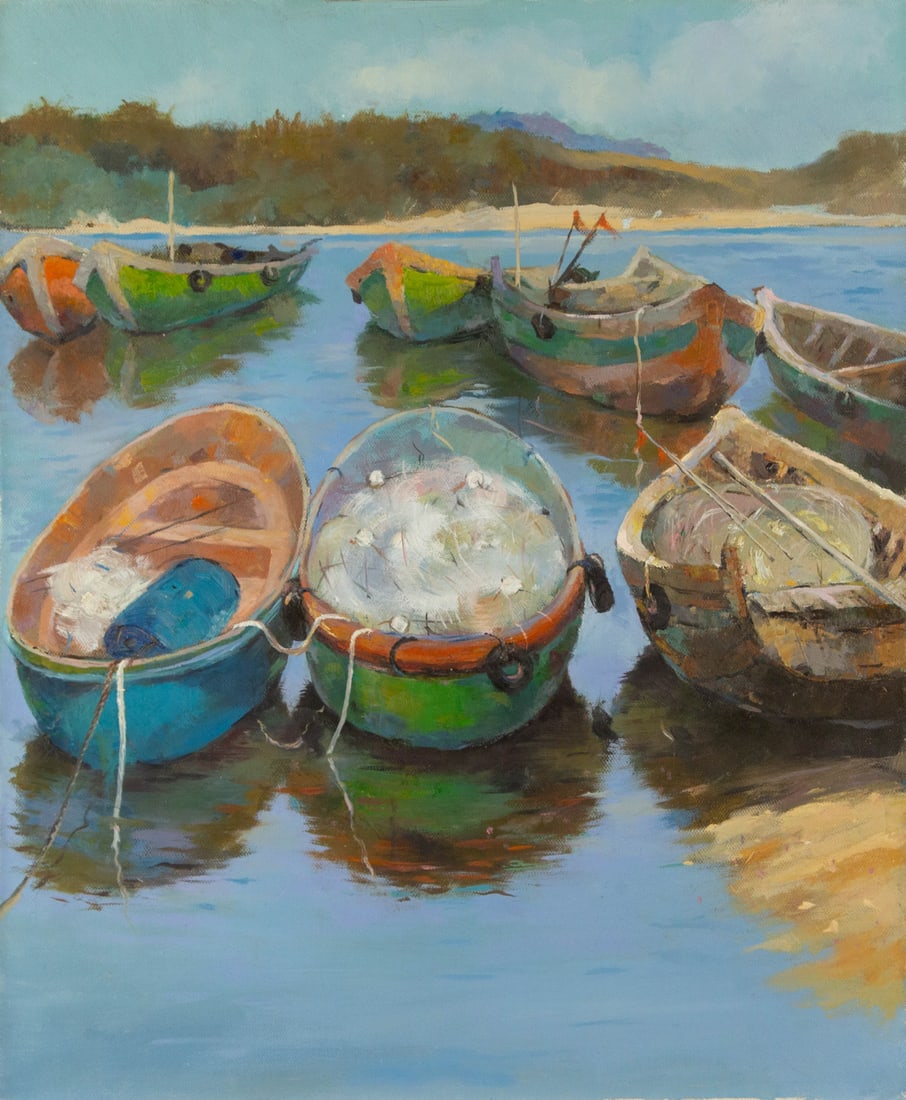 Ligang Wang Waterscape Original Oil On Canvas "Harbour" (1 of 12)