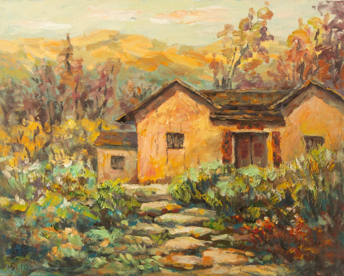 Qi Mo Landscape Original Oil On Canvas "Shanglin Guming House" (1 of 10)