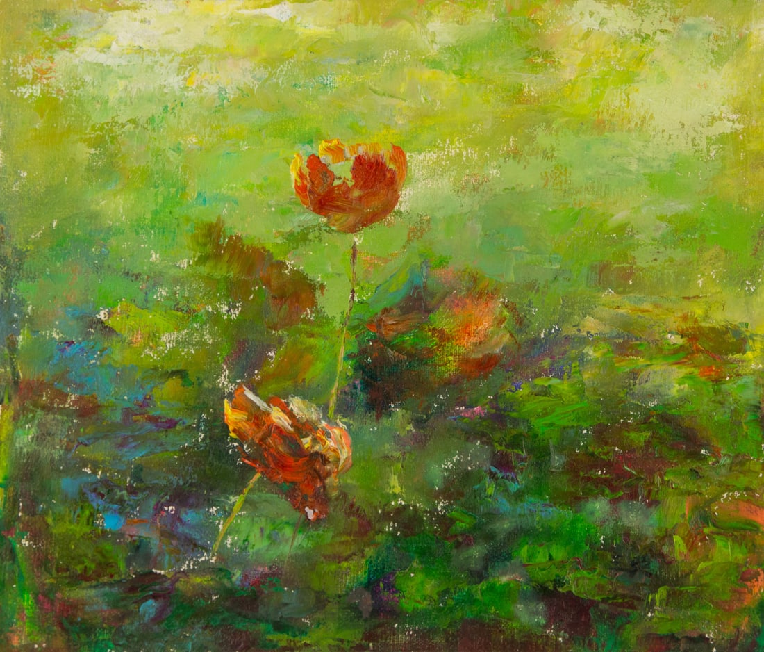 Ying Wang Floral Original Oil On Canvas "Red Blossom" (1 of 10)