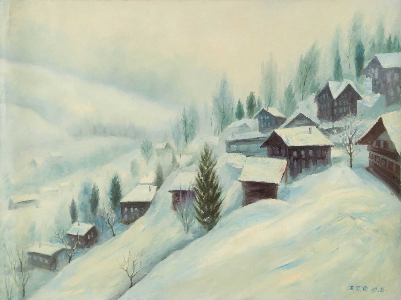 Mingjun Wang Landscape Original Oil On Canvas "Snowy Huts" (1 of 10)