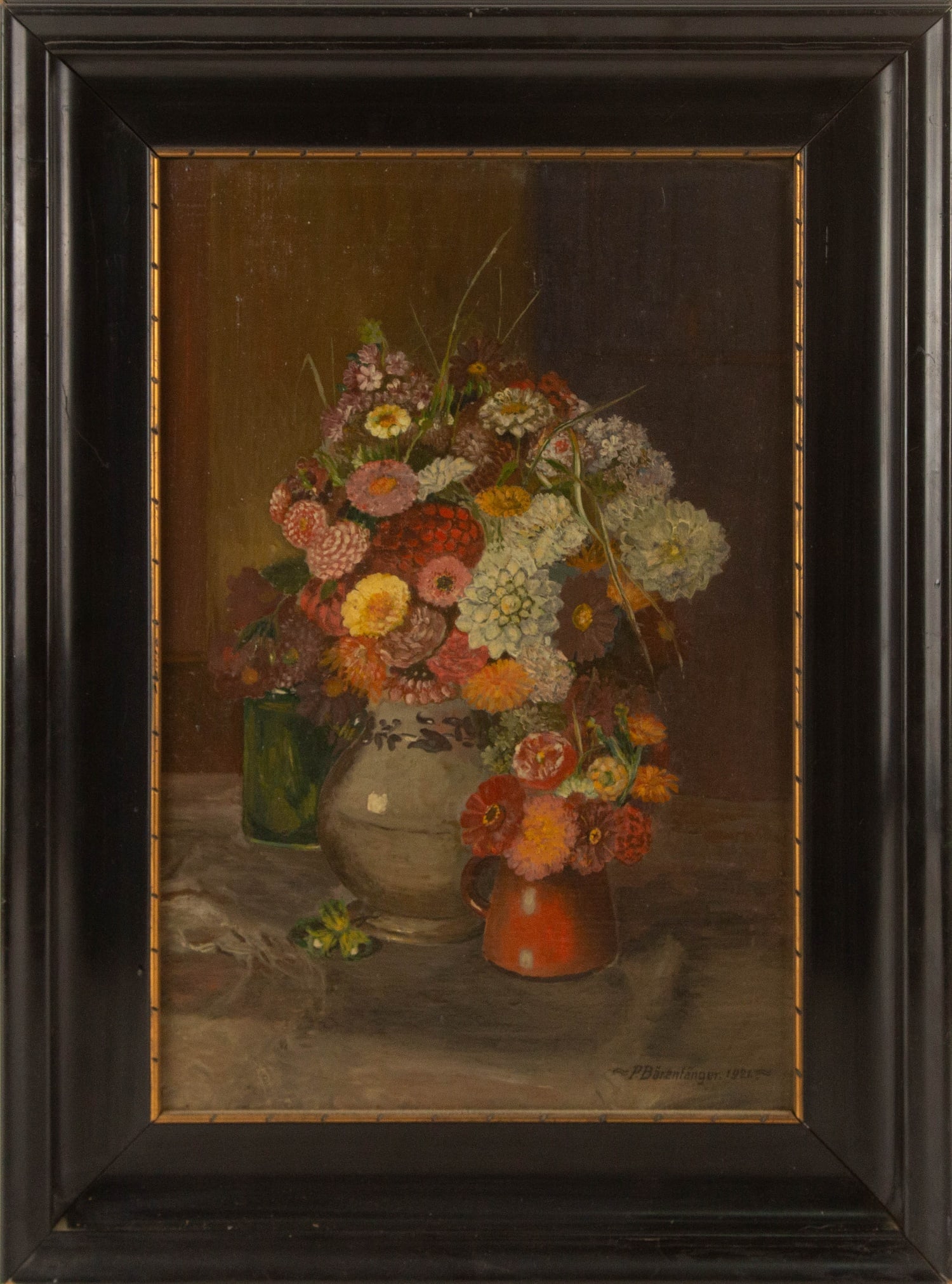 P Barenfanger Still Life Oil On Board: Medium: Oil On Board Style: Still Life Painting Size: 17 x 11.5 inches Frame Size: 22 x 16.5 inches Condition: This artwork is in good overall condition for its age. Signature: Hand-signed Artist: P B