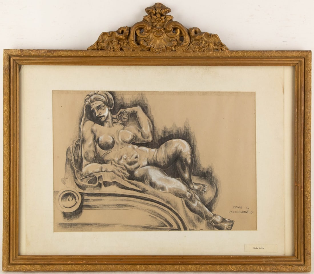 Chris Mattis After Dawn By Michelangelo Portrait Charcoal: Medium: Charcoal Style: Portrait Painting Size: 12.75 x 18.75 inches Frame Size: 24.5 x 28.25 inches Condition: This artwork is in good overall condition for its age. Signature: Signed Artist: Chris M