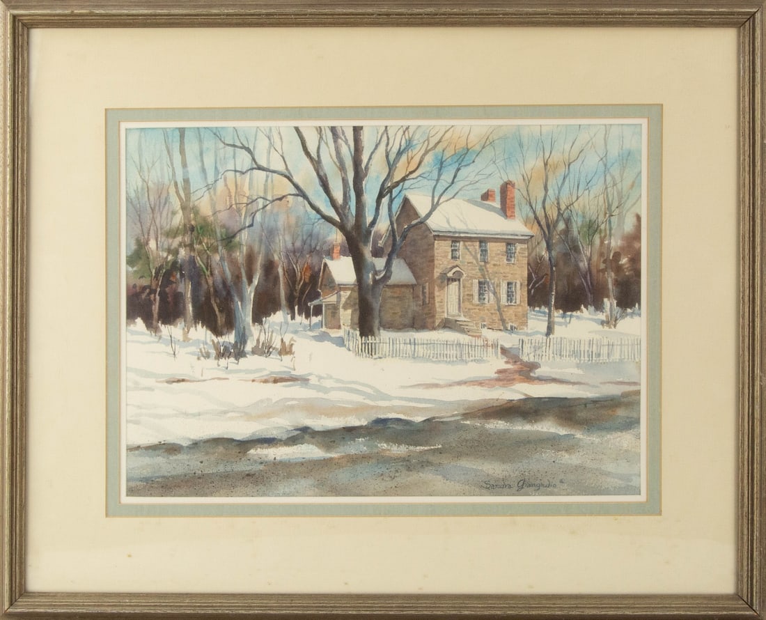 Sandra Giangiulio Landscape Watercolor: Medium: Watercolor Style: Landscape Painting Size: 12.5 x 17.5 inches Frame Size: 21.5 x 26.5 inches Condition: This artwork is in good overall condition for its age. Signature: Signed Artist: Sandra