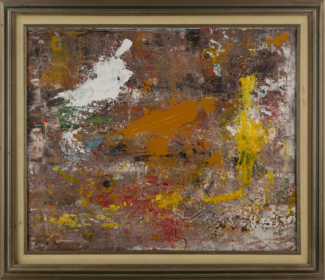 Stephen Pace ( American, 1918-2010 ) Abstract Oil On Board: Medium: Oil On Board Style: Abstract Painting Size: 20 x 24 inches Frame Size: 25 x 28.5 inches Condition: This artwork is in good overall condition for its age. Signature: Hand-signed Artist: Stephen
