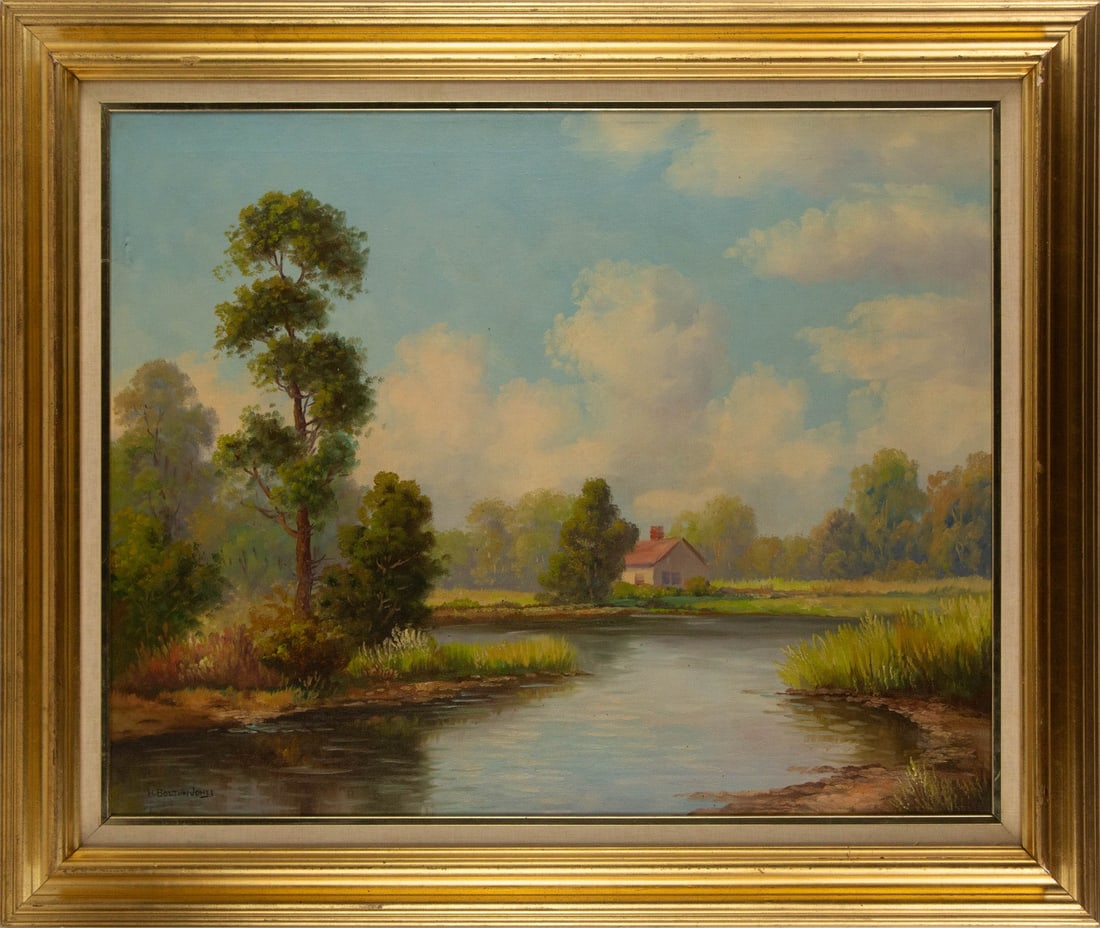 Hugh Bolton Jones ( American, 1848 - 1927 ) Landscape Oil On Canvas: Medium: Oil On Canvas Style: Landscape Painting Size: 24 x 30 inches Frame Size: 31 x 37 inches Condition: This artwork is in good overall condition for its age. Signature: Hand-signed Artist: Hugh Bo