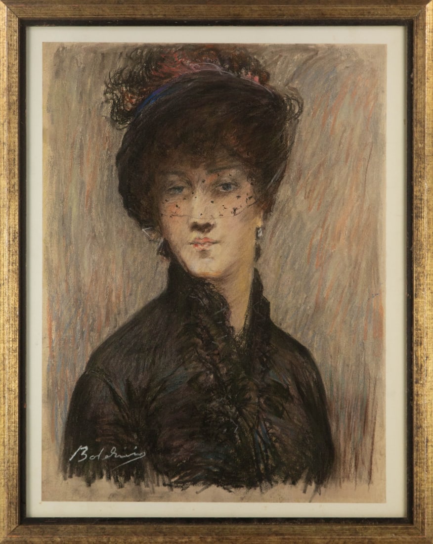 Giovanni Boldini ( Italian, 1842 - 1931) Portrait Pastel: Medium: Pastel Style: Portrait Painting Size: 18 x 24 inches Frame Size: 28.5 x 22.75 inches Condition: This artwork is in good overall condition for its age. Signature: Hand-signed Artist: Giovanni B