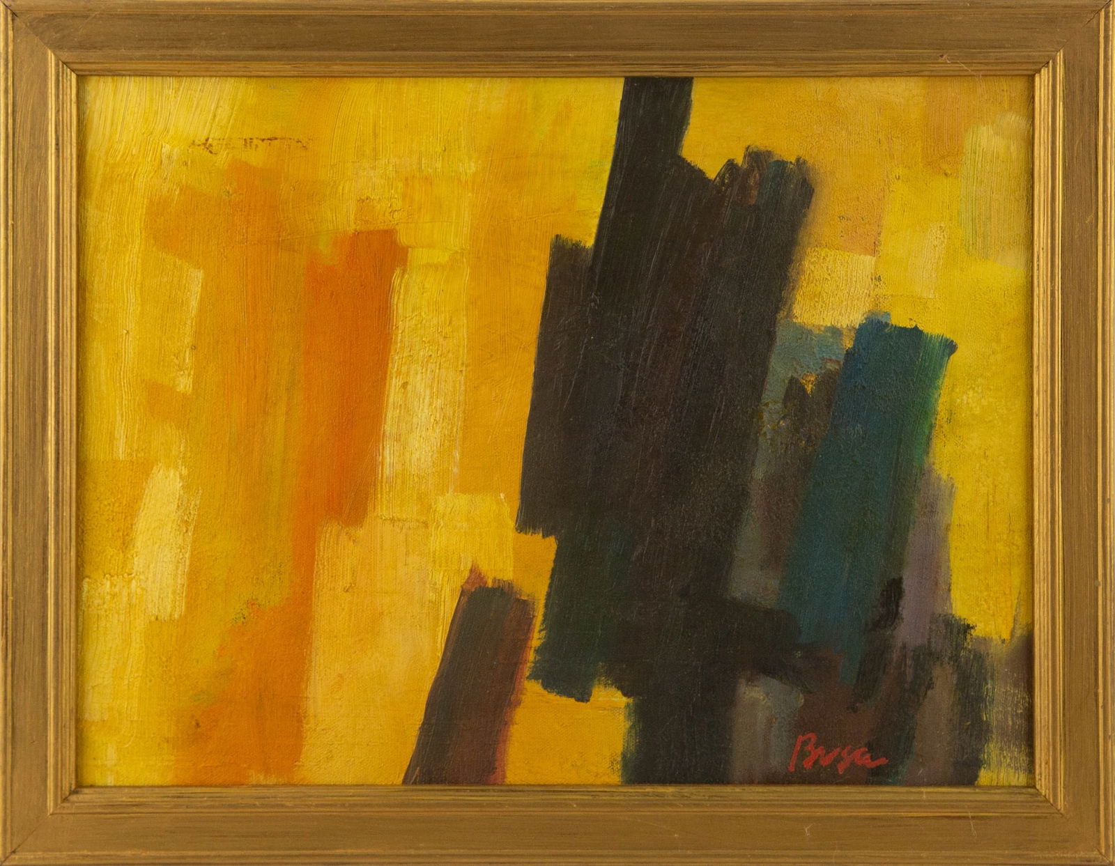 Peter Busa (1914 - 1985) Abstract Oil On Canvas: Medium: Oil On Canvas Style: Abstract Painting Size: 11.5 x 15.25 inches Frame Size: 14 x 18 inches Condition: This artwork is in good overall condition for its age. Signature: Hand-signed Artist: Pet