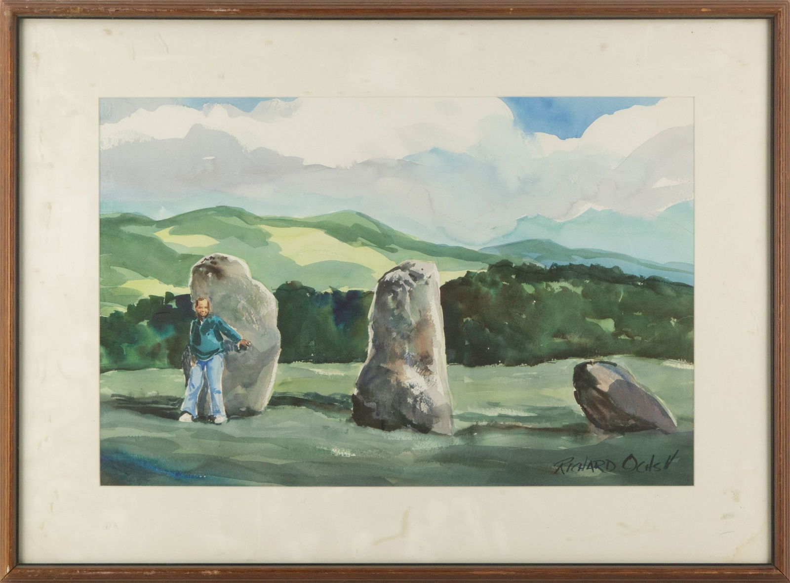 Richard Ochs Landscape Watercolor "Sunny Day Trip": Title: Sunny Day Trip Medium: Watercolor Painting Size: 14" x 21.5" Frame Size: 21" x 28.75" Condition: This artwork is in good overall condition for its age. Signature: Signed Artist: Richard Ochs Bi