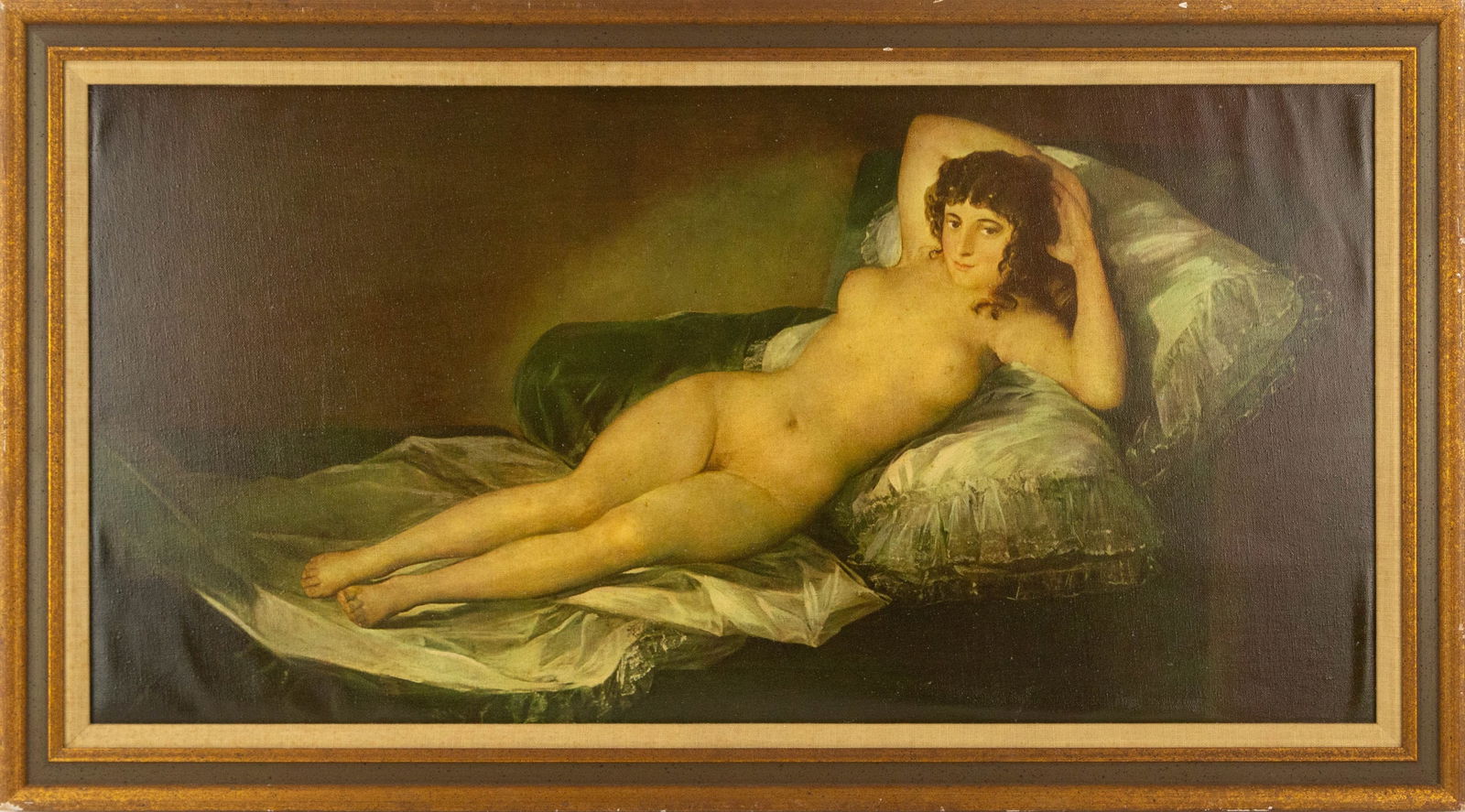 Francisco de Goya Portrait Print "The Naked Maja": Title: The Naked Maja Medium: Print Painting Size: 16" x 31.5" Frame Size: 19.5" x 35" Condition: This artwork is in good overall condition for its age. Signature: No Signature Artist: Francisco de Go