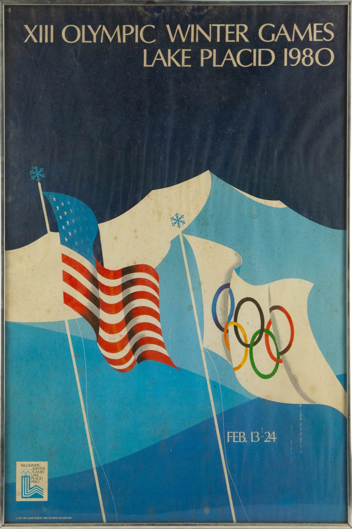 Contemporary Art Poster "1980 XIII Winter Games Sports - Lake Placid": Title: 1980 XIII Winter Games Sports - Lake Placid Medium: Poster Painting Size: 32" x 21" Frame Size: 33" x 22" Condition: This artwork is in good overall condition for its age. Signature: No Signatu