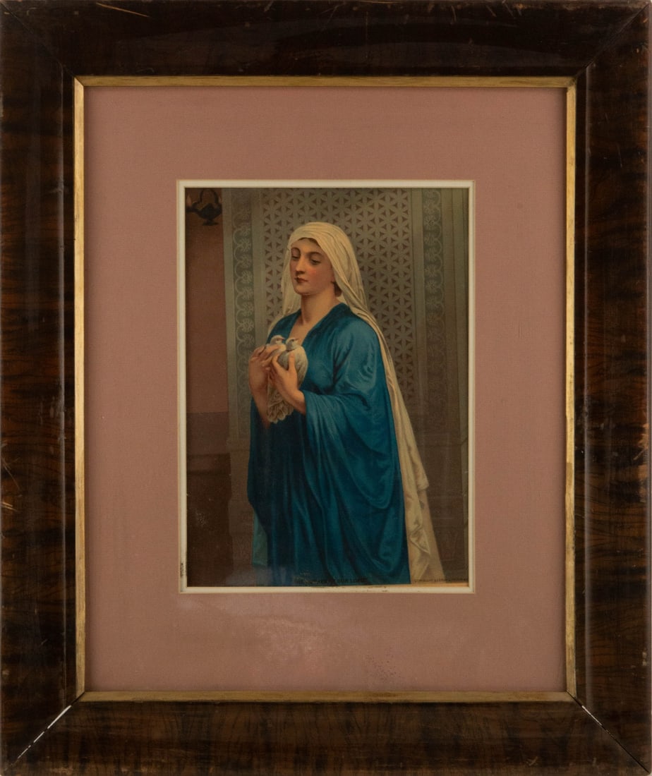 Unclear Portrait Print "The Mother of Our Lord": Title: The Mother of Our Lord Medium: Print Painting Size: 13" x 9" Frame Size: 25" x 21" Condition: This artwork is in good overall condition for its age. Signature: Signed Artist: Unclear Bidders ne