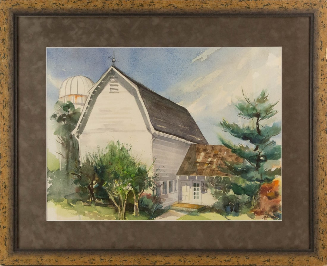 P. Tindall Landscape Watercolor "Barn and Silo": Title: Barn and Silo Medium: Watercolor Painting Size: 17" x 23" Frame Size: 26" x 32" Condition: This artwork is in good overall condition for its age. Signature: Signed Artist: P. Tindall Bidders ne