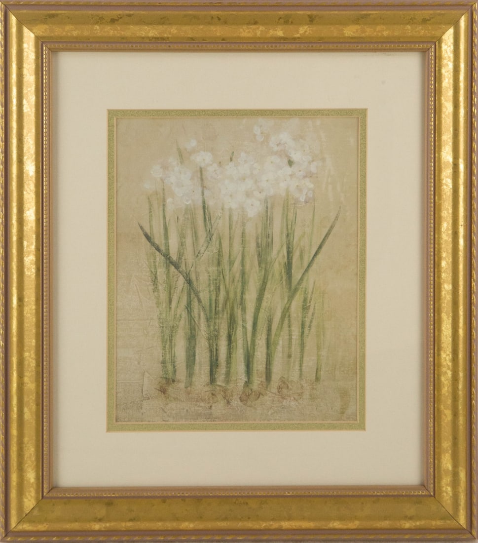 Cheri Blum ( American, 1969-2003 ) Floral Print "Small Narcissus": Title: Small Narcissus Medium: Print Painting Size: 9.5" x 7.5" Frame Size: 16.75" x 14.75" Condition: This artwork is in good overall condition for its age. Signature: Unsigned Artist: Cheri Blum ( A