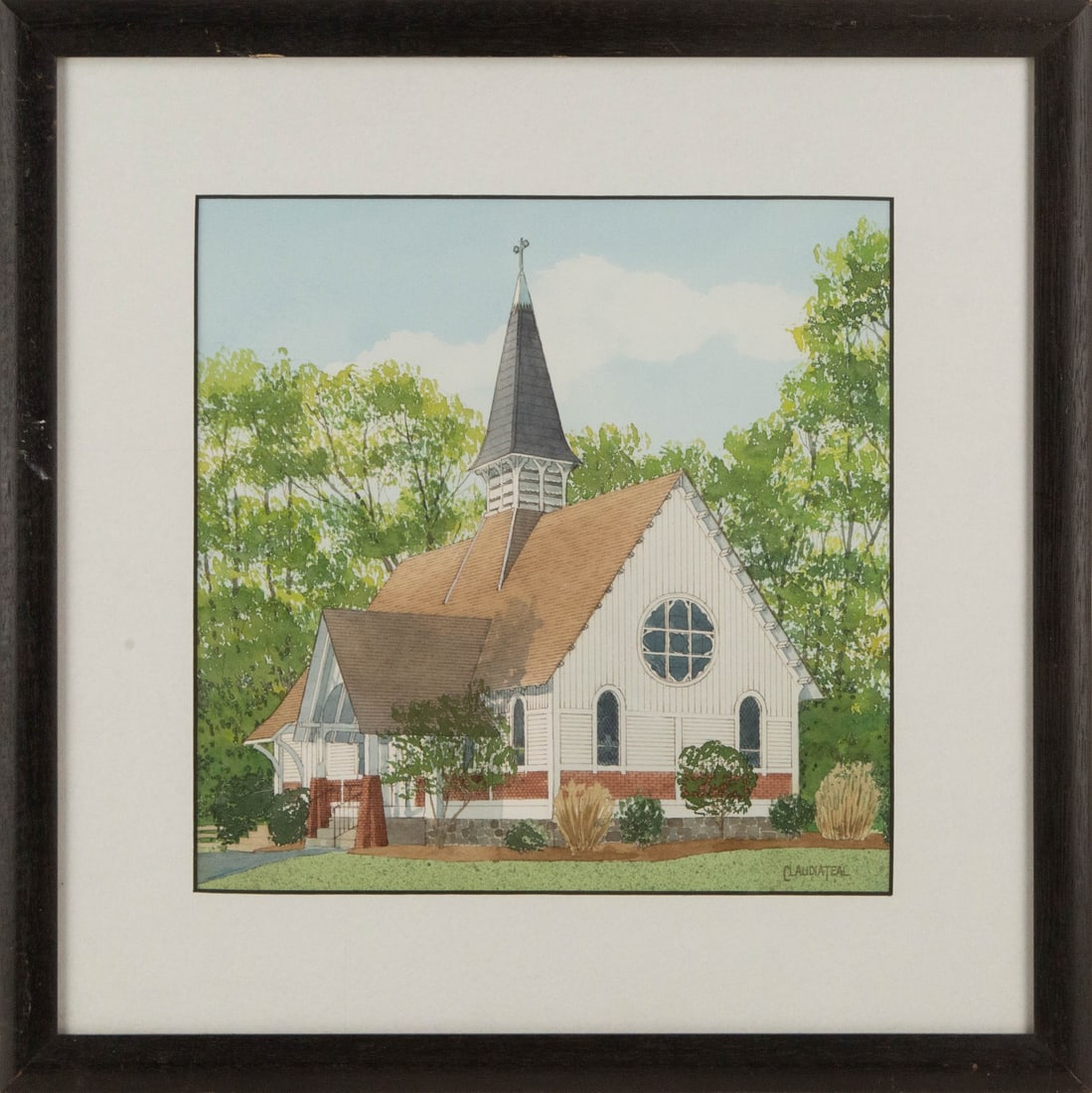 Claudia Teal Landscape Watercolor "Providence Presbyterian Church": Title: Providence Presbyterian Church Medium: Watercolor Painting Size: 12" x 12" Frame Size: 18.5" x 18.5" Condition: This artwork is in good overall condition for its age. Signature: Signed Artist: