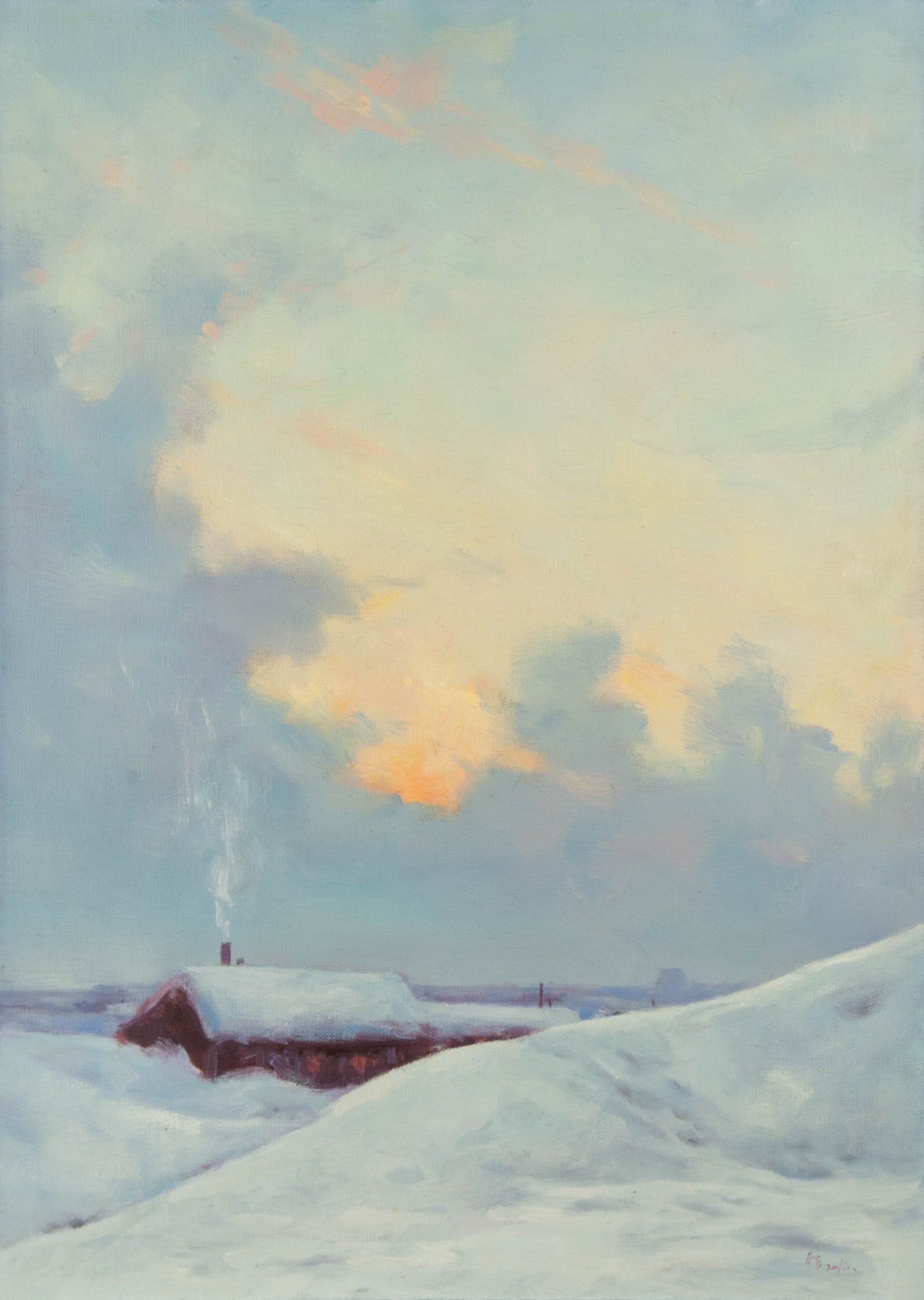 Qingsheng Meng Landscape Original Oil On Canvas "Chimney Warmth": Title: Chimney Warmth Medium: Oil on canvas Size: 27.5 x 19.5 inches Frame: Framing options available! Condition: The painting appears to be in excellent condition. Note: This painting is unstretched,