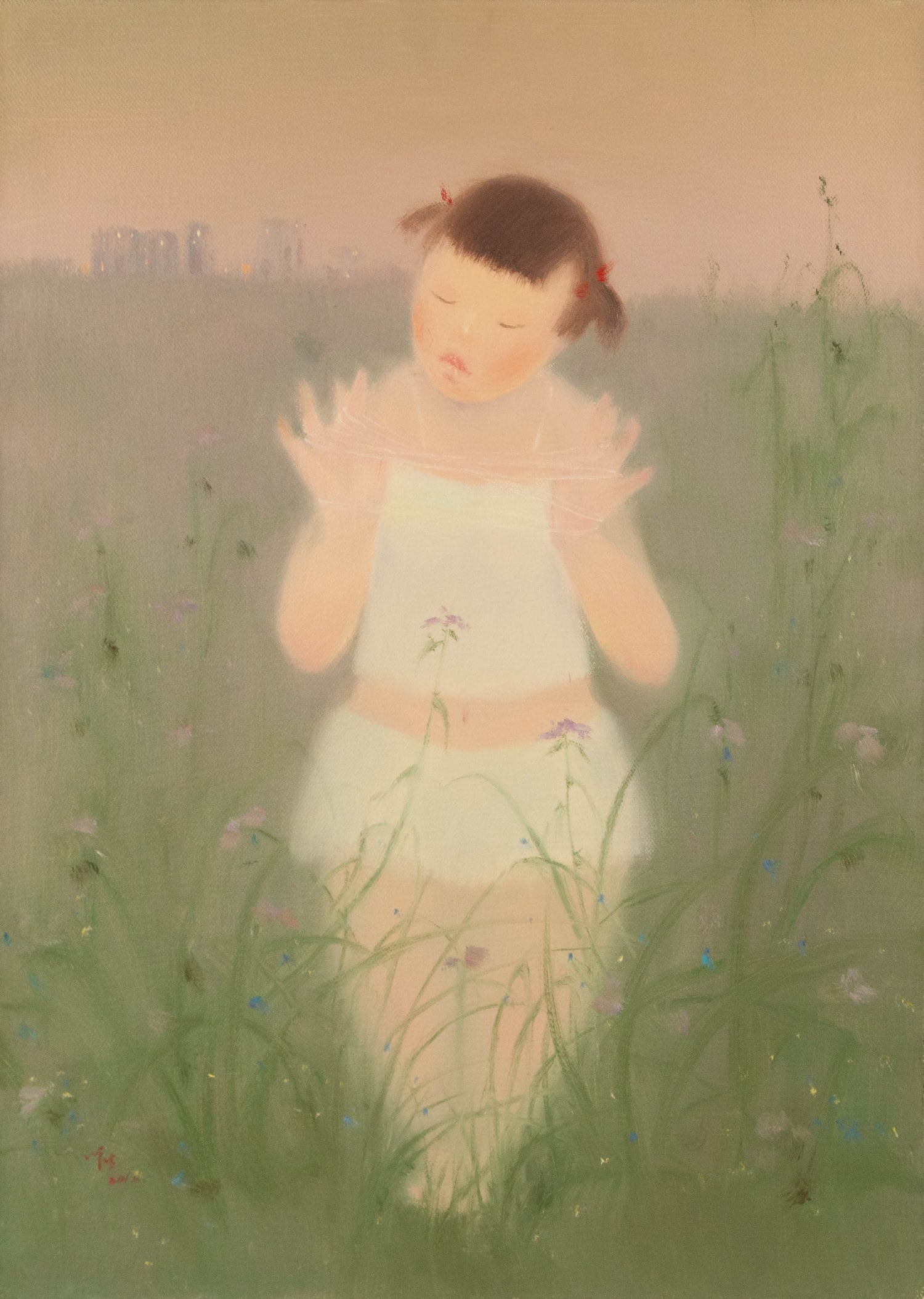 Qingsheng Meng Portrait Original Oil On Canvas "Fairyland V": Title: Fairyland V Medium: Oil on canvas Size: 27.5 x 19.5 inches Frame: Framing options available! Condition: The painting appears to be in excellent condition. Note: This painting is unstretched, sh