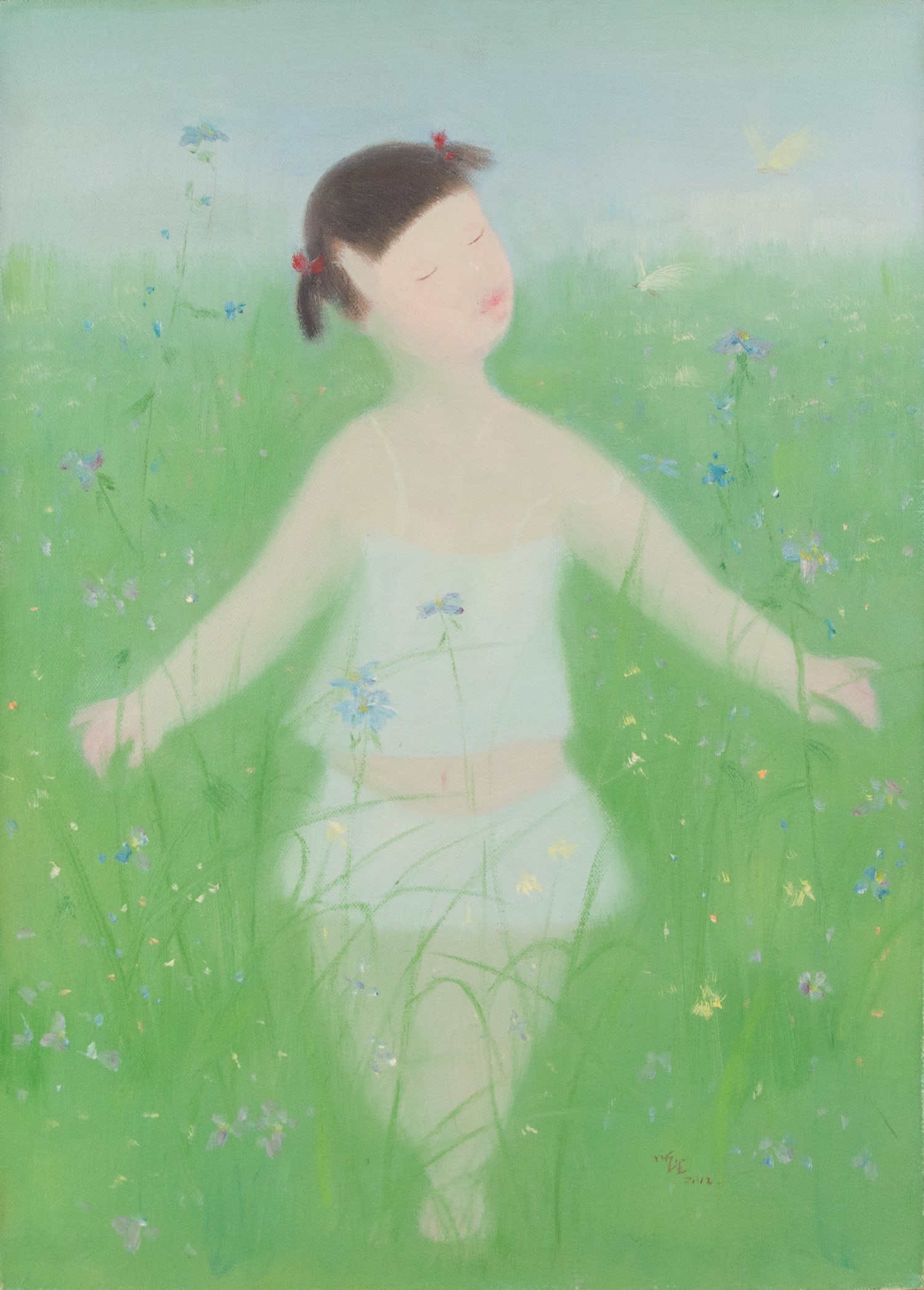 Qingsheng Meng Portrait Original Oil On Canvas "Fairyland II": Title: Fairyland II Medium: Oil on canvas Size: 27.5 x 19.75 inches Frame: Framing options available! Condition: The painting appears to be in excellent condition. Note: This painting is unstretched,