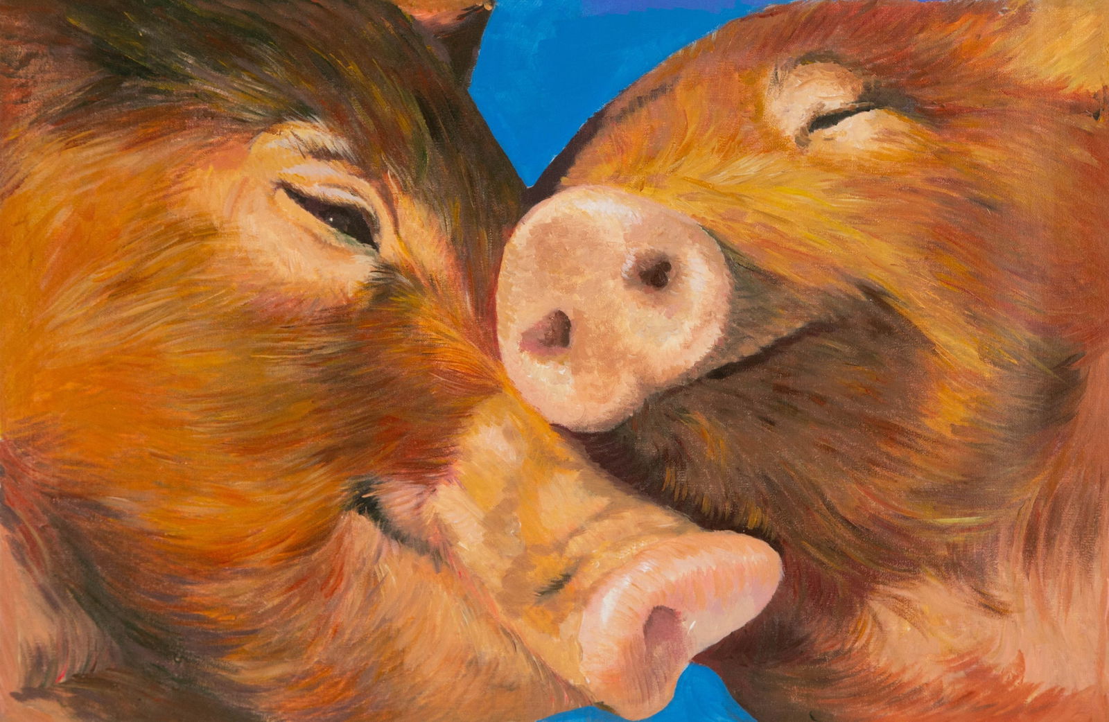 Jiali Chen Animal Original Oil On Canvas "Nuzzles": Title: Nuzzles Medium: Oil on canvas Size: 15.5 x 23.5 inches Frame: Framing options available! Condition: The painting appears to be in excellent condition. Note: This painting is unstretched, shippe