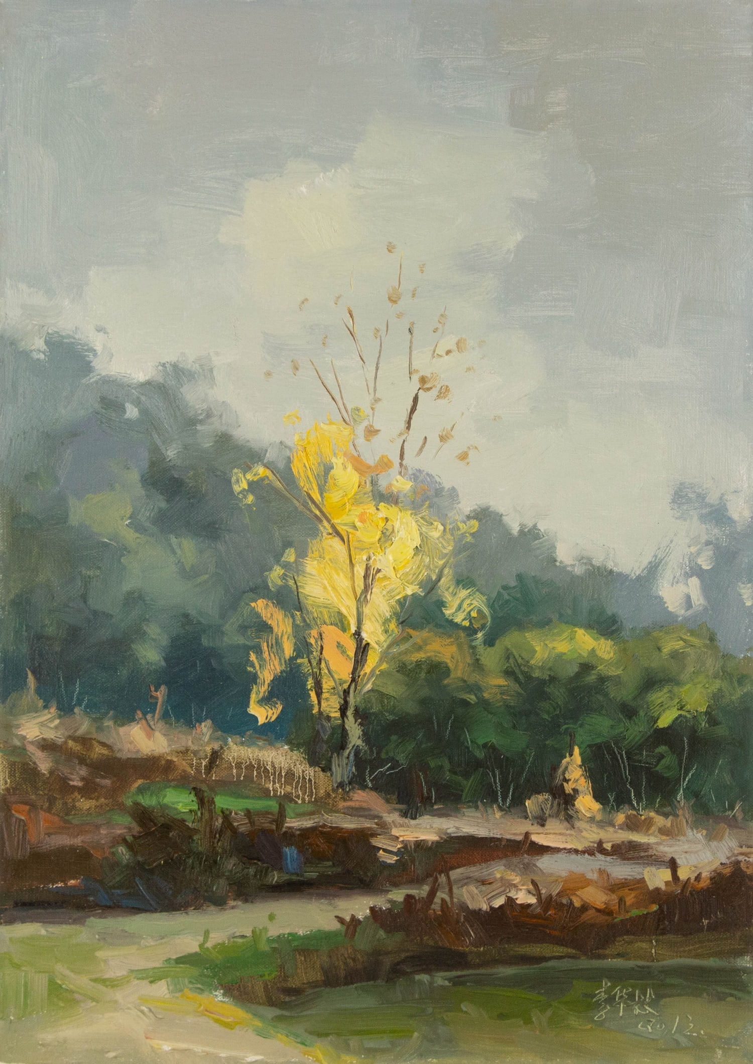 Hualin Li Landscape Original Oil On Canvas "Yellow Leaves": Title: Yellow Leaves Medium: Oil on canvas Size: 27.5 x 19.5 inches Frame: Framing options available! Condition: The painting appears to be in excellent condition. Note: This painting is unstretched,