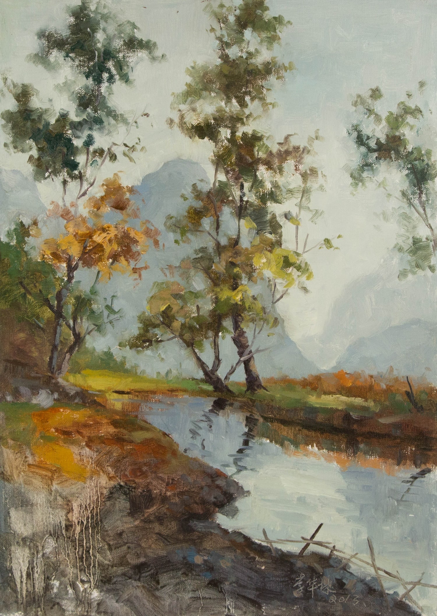 Hualin Li Landscape Original Oil On Canvas "Autumn Leaves": Title: Autumn Leaves Medium: Oil on canvas Size: 27.5 x 19.5 inches Frame: Framing options available! Condition: The painting appears to be in excellent condition. Note: This painting is unstretched,
