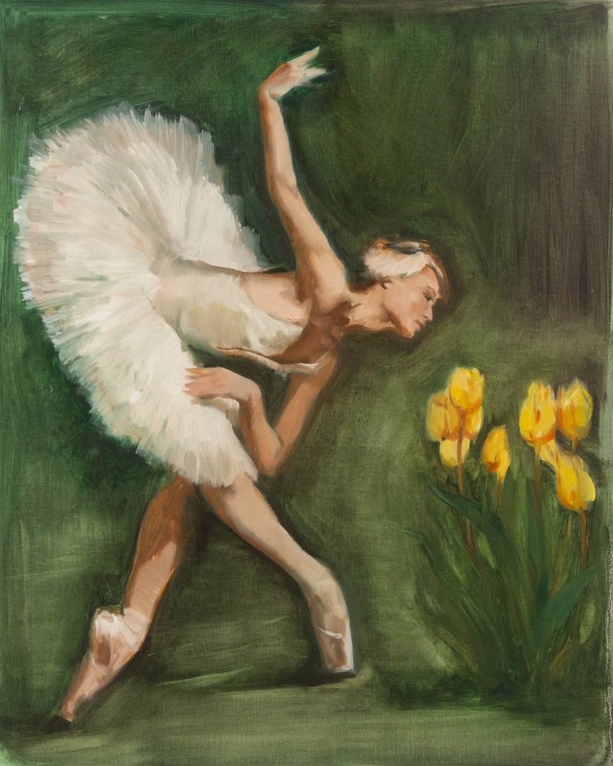 Dongxing Huang Floral Original Oil On Canvas "Dancer and Tulips": Title: Dancer and Tulips Medium: Oil on canvas Size: 27.5 x 22.5 inches Frame: Framing options available! Condition: The painting appears to be in excellent condition. Note: This painting is unstretch