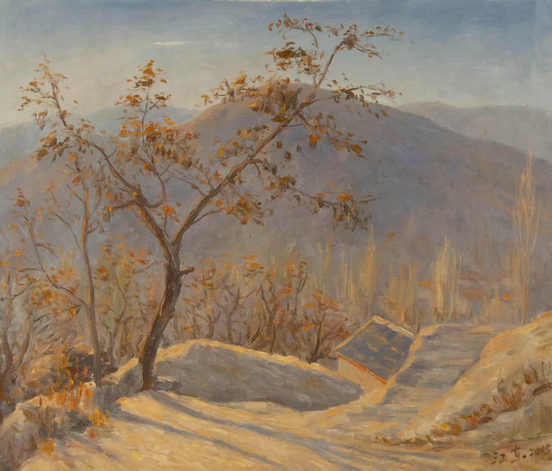 Jiangdong Li Landscape Original Oil On Canvas "Tree on Cliff": Title: Tree on Cliff Medium: Oil on canvas Size: 20 x 23.5 inches Frame: Framing options available! Condition: The painting appears to be in excellent condition. Note: This painting is unstretched, sh