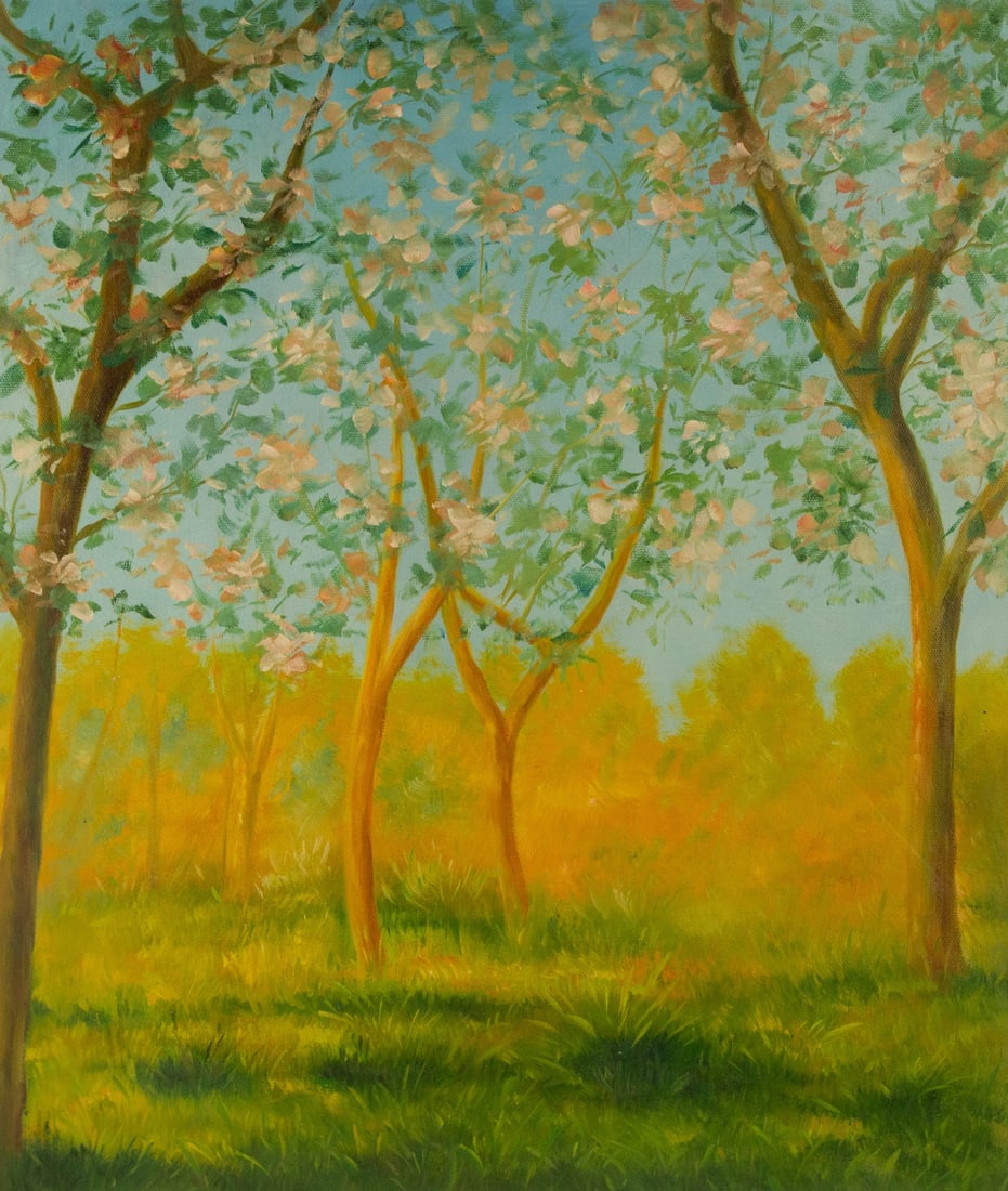 Binhua Cao Landscape Original Oil On Canvas "Blooming Season": Title: Blooming Season Medium: Oil on canvas Size: 24 x 20 inches Frame: Framing options available! Condition: The painting appears to be in excellent condition. Note: This painting is unstretched, sh