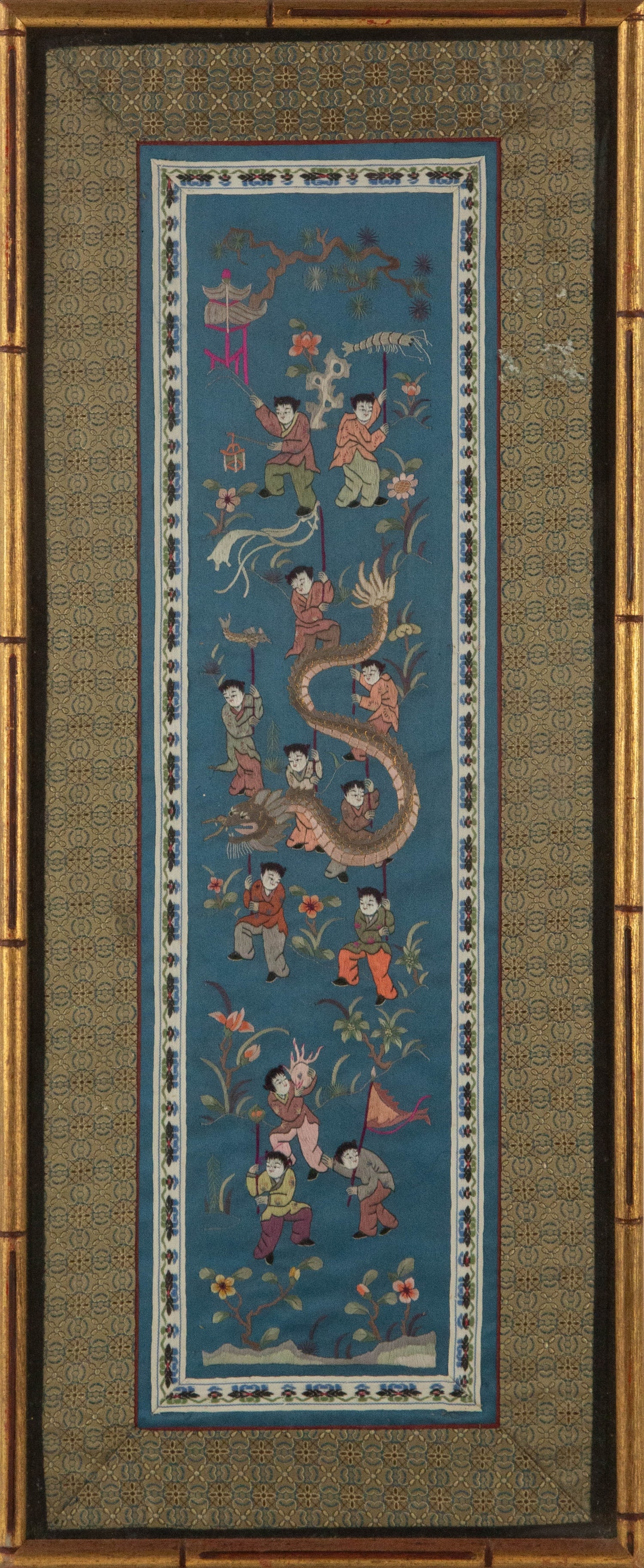 Group Portrait Embroidery "Holiday Garden Party": Title: Holiday Garden Party Medium: Embroidery Painting Size: 21" x 6" Frame Size: 25.75" x 10.5" Condition: This artwork is in good overall condition for its age. Signature: No Signature Artist: N/A