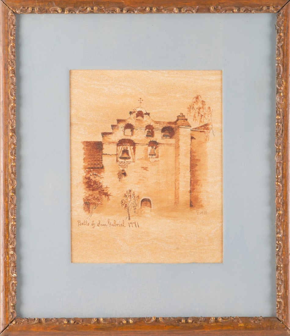 Y.H.M. Landscape Watercolor "Bells Of San Gabriel 1771": Title: Bells Of San Gabriel 1771 Medium: Watercolor Painting Size: 10" x 8" Frame Size: 17.5" x 15.5" Condition: This artwork is in good overall condition for its age. Signature: Signed Artist: Y.H.M.