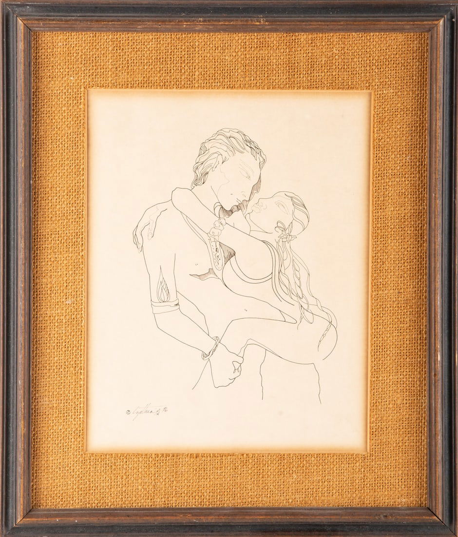 Cynthia. A Portrait Ink "Lovers": Title: Lovers Medium: Ink Painting Size: 10.25" x 8" Frame Size: 15.5" x 13" Condition: This artwork is in good overall condition for its age, although please note that this painting does not have a g