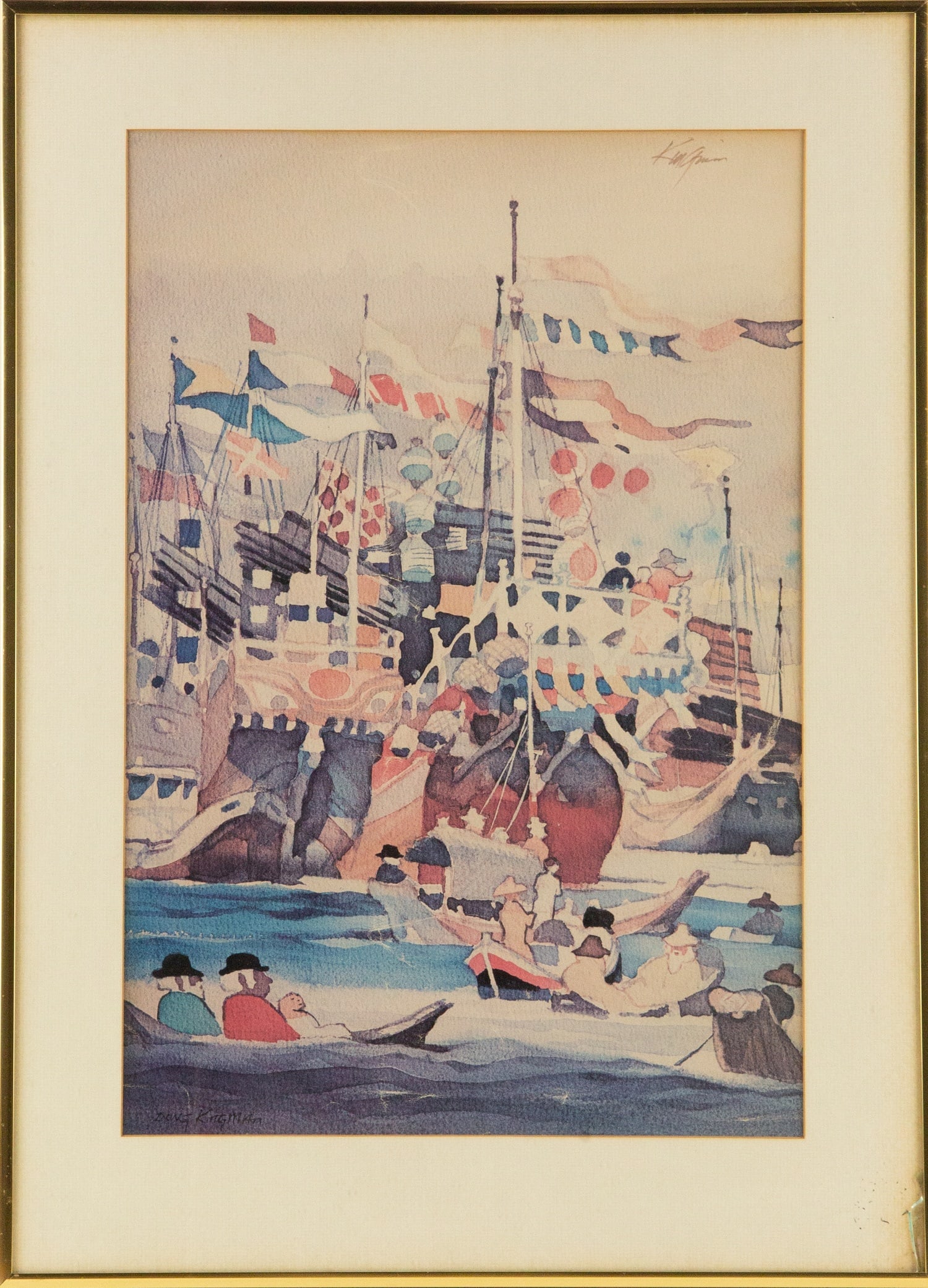 Waterscape Print "The Harbor": Title: The Harbor Medium: Print Painting Size: 20.5" x 13.5" Frame Size: 26" x 19" Condition: This artwork is in good overall condition for its age. Signature: Signed Artist: Signature Unclear, See Up