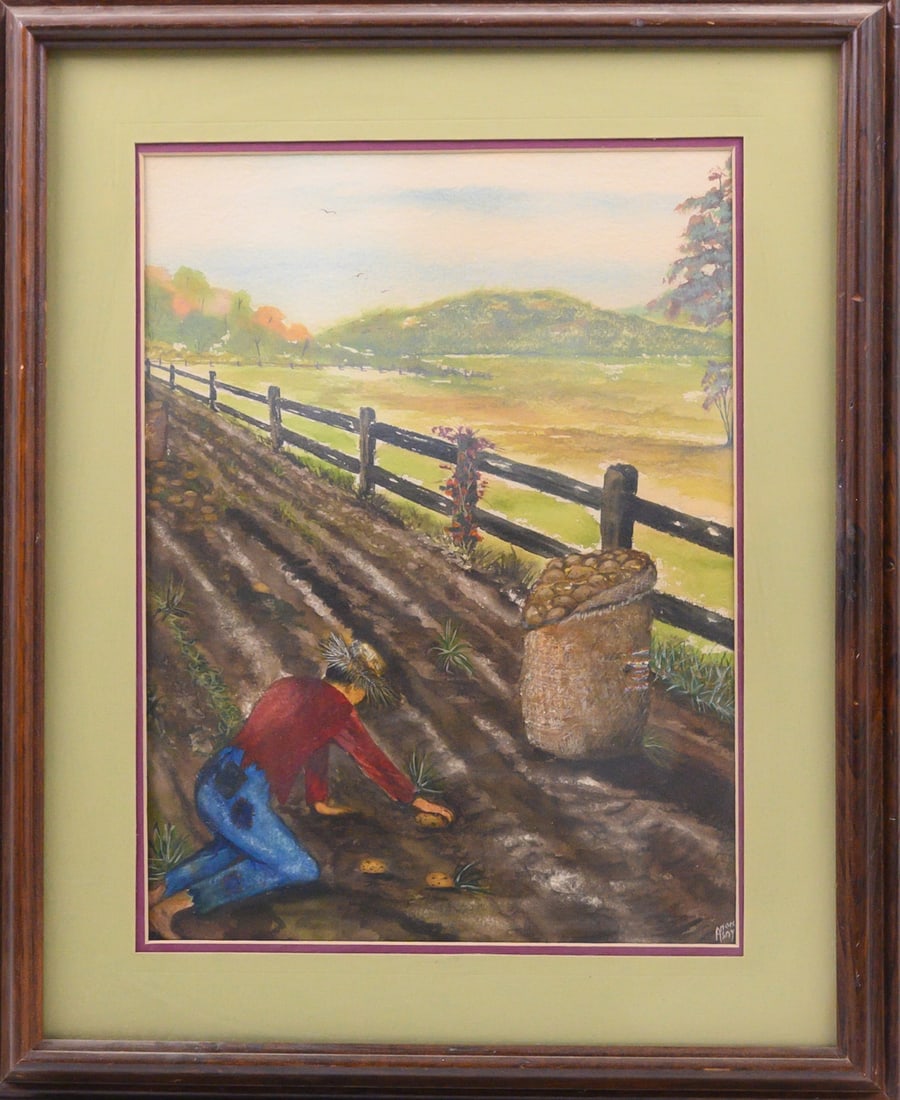 Landscape Gouache "Busy Farmer": Title: Busy Farmer Medium: Gouache Painting Size: 15.5" x 11.5" Frame Size: 22" x 18" Condition: This artwork is in good overall condition for its age. Signature: Signed Artist: Signature Unclear, See
