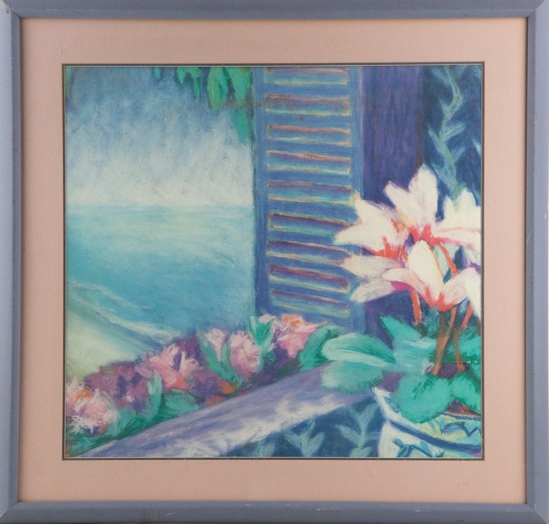 Still Life Pastel "Summer Bliss by the Sea": Title: Summer Bliss by the Sea Medium: Pastel Painting Size: 24" x 25" Frame Size: 33" x 34" Condition: This artwork is in good overall condition for its age. Signature: Unsigned Artist: Unclear JZ230