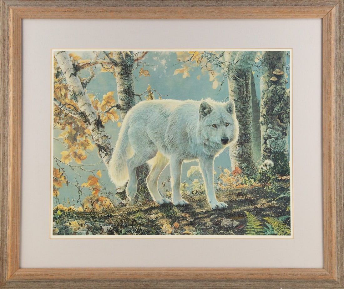 Jan Mar Hnmguire Animal Print "White Wolf": Title: White Wolf Medium: Print Painting Size: 17.5" x 22" Frame Size: 27" x 32" Condition: This artwork is in good overall condition for its age. Signature: Signed Artist: Jan Mar Hnmguire JZ23050399
