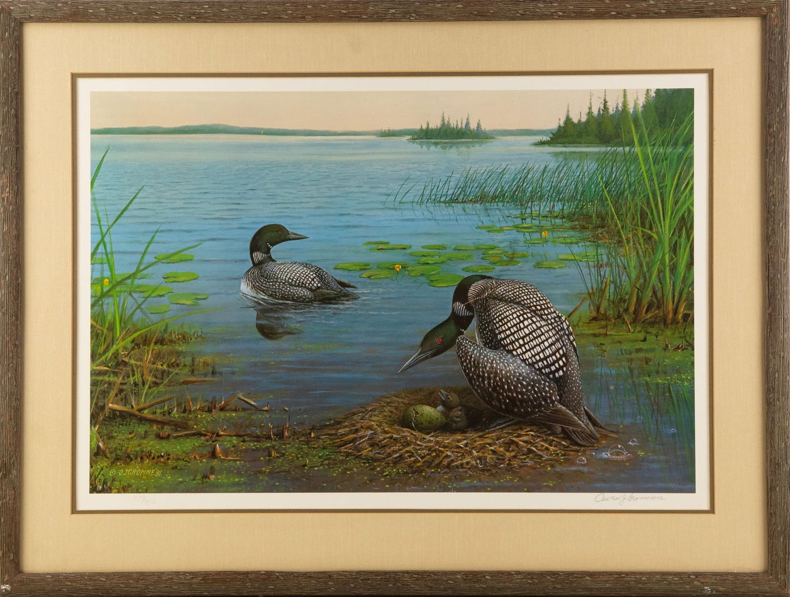 O.JGROMME Animal Limited Edition 779/950 "Wild Ducks On The Pond": Title: Wild Ducks On The Pond Medium: Limited Edition 779/950 Painting Size: 19" x 28" Frame Size: 27" x 35" Condition: This artwork is in good overall condition for its age. Signature: Signed Artist: