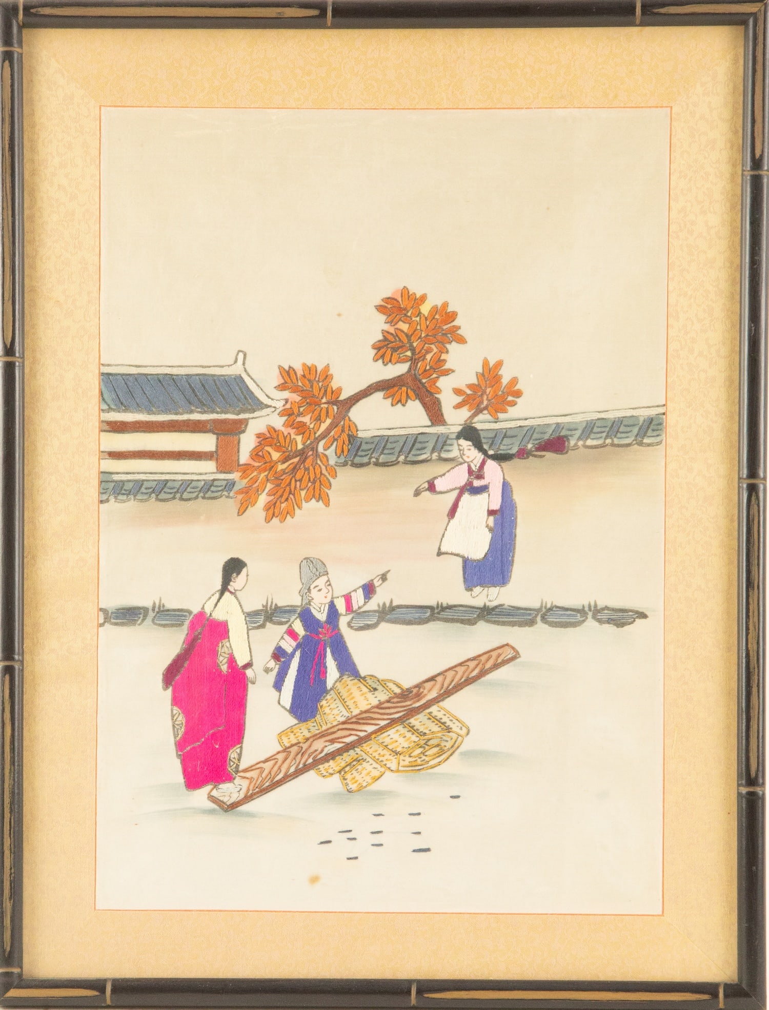 Portrait Embroidery "Korean Girls Playing Together": Title: Korean Girls Playing Together Medium: Embroidery Painting Size: 14" x 10" Frame Size: 17" x 13.5" Condition: This artwork is in good overall condition for its age. Signature: Unsigned Artist: U