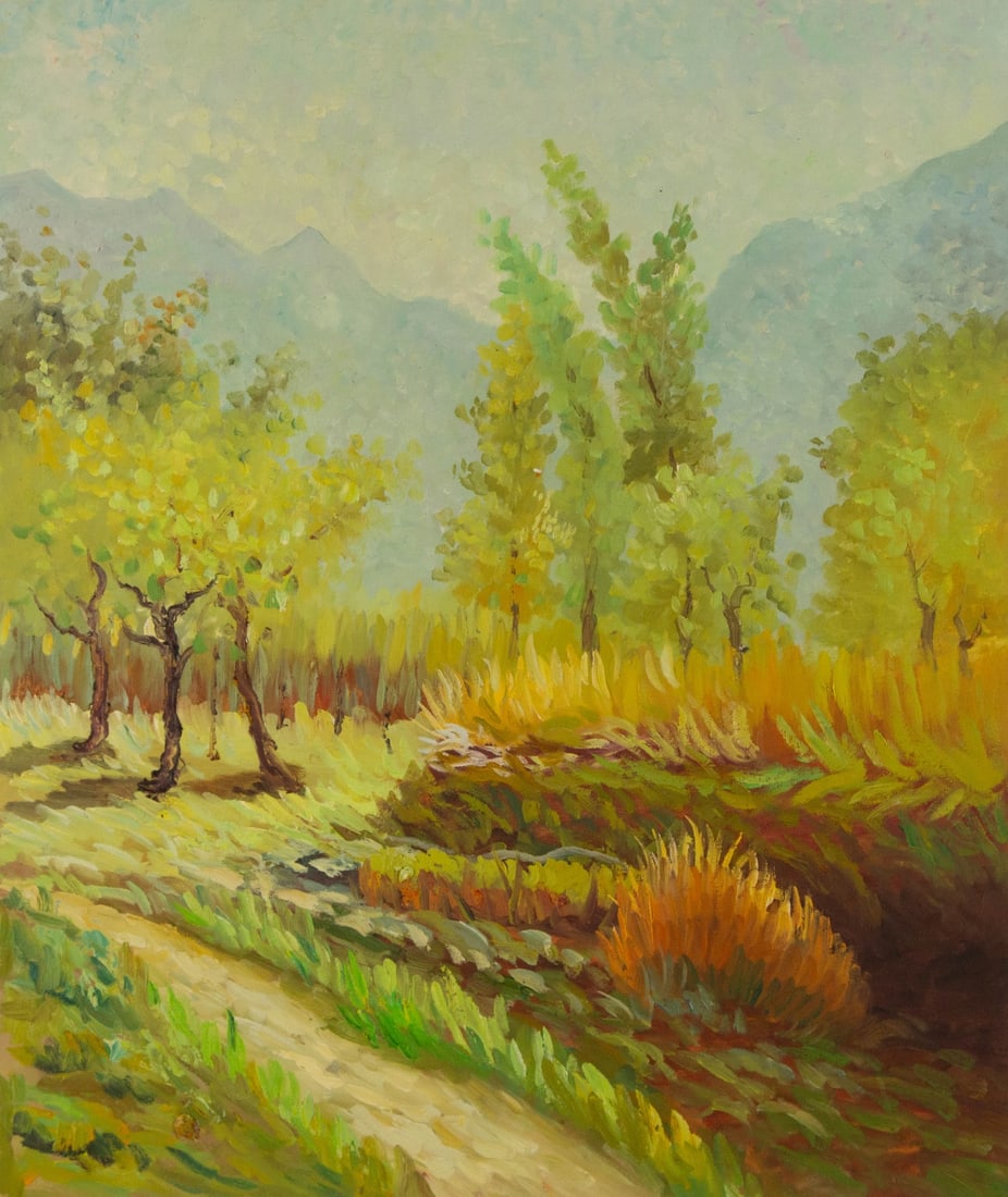 Binhua Cao Landscape Original Oil On Canvas "The Fruit Trees": Title: The Fruit Trees Medium: Oil on canvas Size: 24.5 x 20.5 inches Frame: Framing options available! Condition: The painting appears to be in excellent condition. Note: This painting is unstretched
