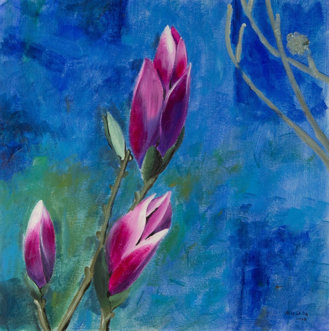 Silu Niu Floral Original Acrylic On Canvas "Pink Blossoms": Title: Pink Blossoms Medium: Oil on canvas Size: 20 x 19.75 inches Frame: Framing options available! Condition: The painting appears to be in excellent condition. Note: This painting is unstretched, s