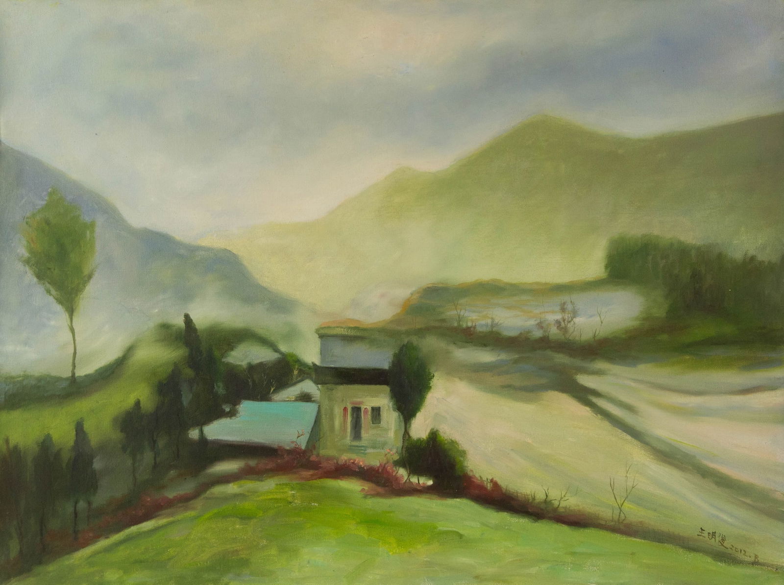 Mingjun Wang Landscape Original Oil On Canvas "Memories": Title: Memories Medium: Oil on canvas Size: 23.5 x 31.25 inches Frame: Framing options available! Condition: The painting appears to be in excellent condition. Note: This painting is unstretched, ship