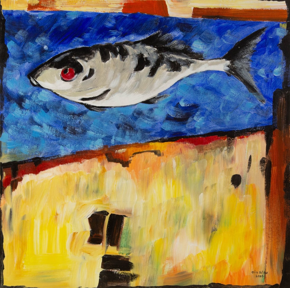 Silu Niu Animal Original Acrylic On Canvas "Fish - Blue": Title: Fish - Blue Medium: Oil on canvas Size: 19.75 x 19.75 inches Frame: Framing options available! Condition: The painting appears to be in excellent condition. Note: This painting is unstretched,