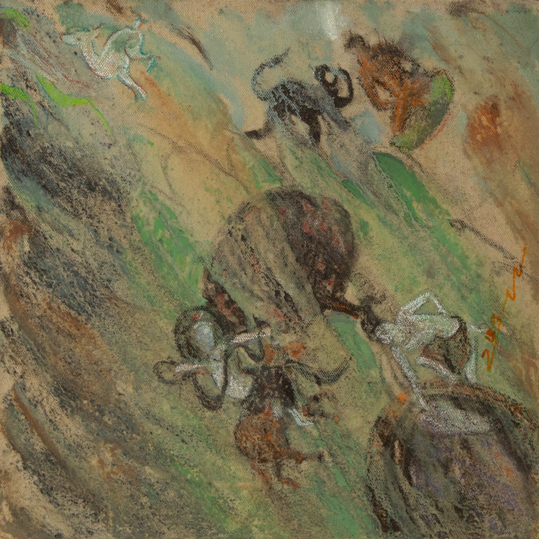 Wenwen Zhao Religious Original Oil On Canvas "Ancient Dunhuang 6": Title: Ancient Dunhuang 6 Medium: Oil on canvas Size: 15.75 x 15.75 inches Frame: Framing options available! Condition: The painting appears to be in excellent condition. Note: This painting is unstre