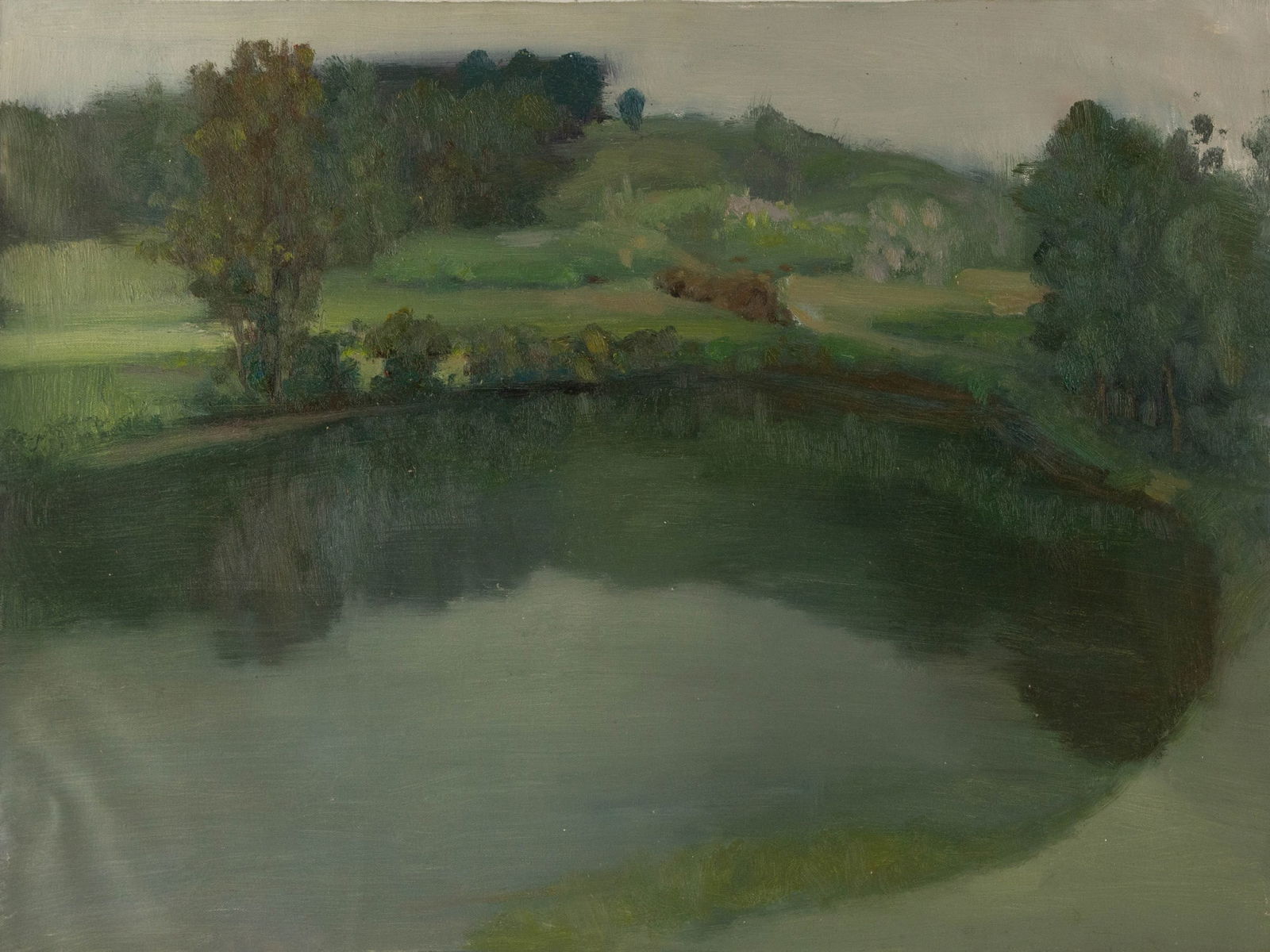 Shilian Liu Landscape Original Oil On Canvas "The Lake": Title: The Lake Medium: Oil on canvas Size: 23.5 x 31.25 inches Frame: Framing options available! Condition: The painting appears to be in excellent condition. Note: This painting is unstretched, ship