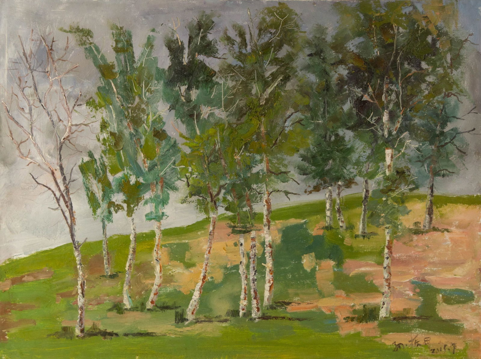 Zhentian Sun Landscape Original Oil On Canvas "White Birch on the Plain": Title: White Birch on the Plain Medium: Oil on canvas Size: 23.25 x 31.25 inches Frame: Framing options available! Condition: The painting appears to be in excellent condition. Note: This painting is