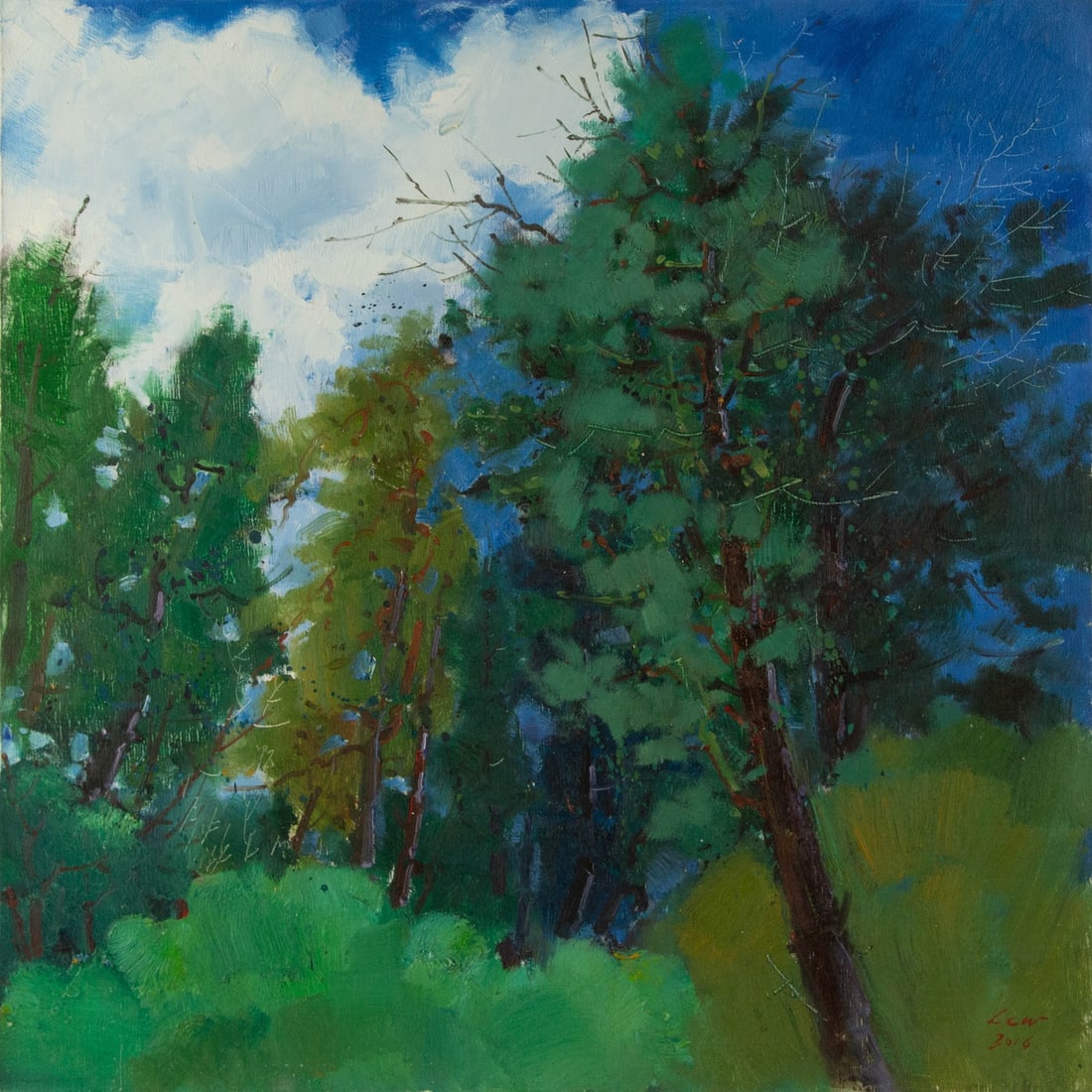 Chuanwen Liu Landscape Original Oil On Canvas "Pines and Sky": Title: Pines and Sky Medium: Oil on canvas Size: 23.5 x 23.5 inches Frame: Framing options available! Condition: The painting appears to be in excellent condition. Note: This painting is unstretched,