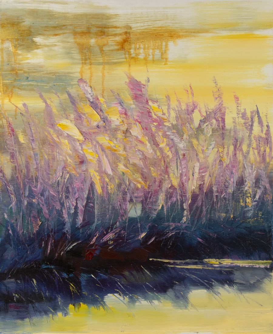 Huimin Wang Landscape Original Oil On Canvas "Reed Pond": Title: Reed Pond Medium: Oil on canvas Size: 24 x 19.5 inches Frame: Framing options available! Condition: The painting appears to be in excellent condition. Note: This painting is unstretched, shippe