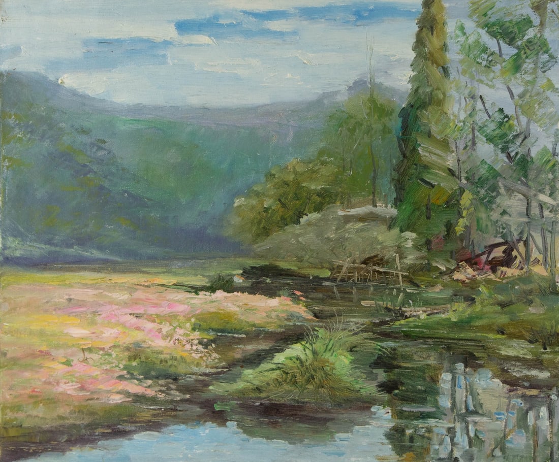 Huimin Wang Landscape Original Oil On Canvas "Riverside": Title: Riverside Medium: Oil on canvas Size: 19.5 x 23.25 inches Frame: Framing options available! Condition: The painting appears to be in excellent condition. Note: This painting is unstretched, shi